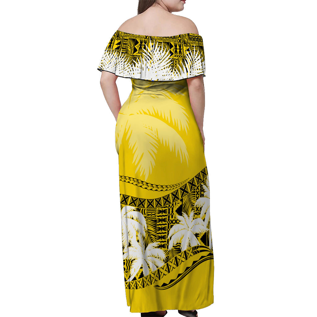 Fiji Day Off Shoulder Long Dress Flying Fijians Masi Kesa Style Gold