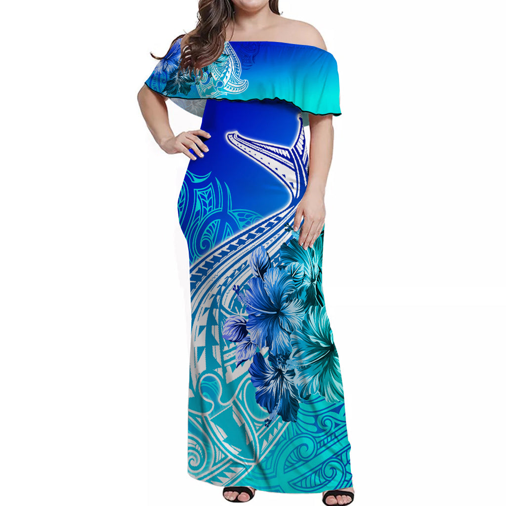 Maori Off Shoulder Long Dress Hammerhead Shark with Hibiscus Blue Ombre