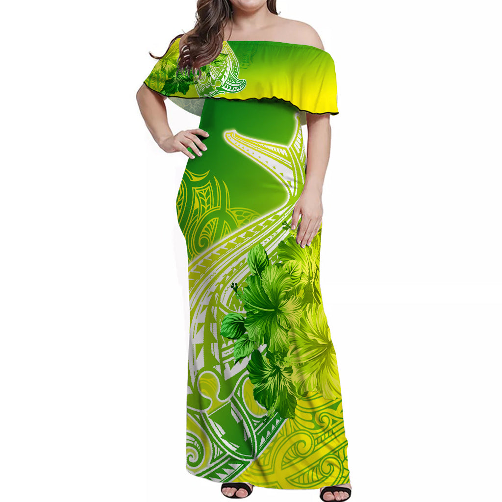 Maori Off Shoulder Long Dress Hammerhead Shark with Hibiscus Green Ombre