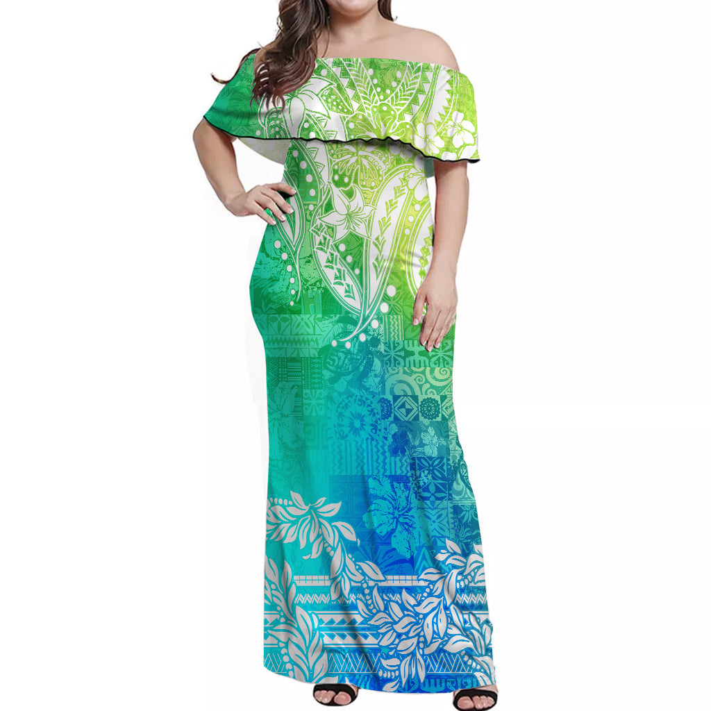 Polynesian Off Shoulder Long Dress Tapa Plumeria Style Oceanic
