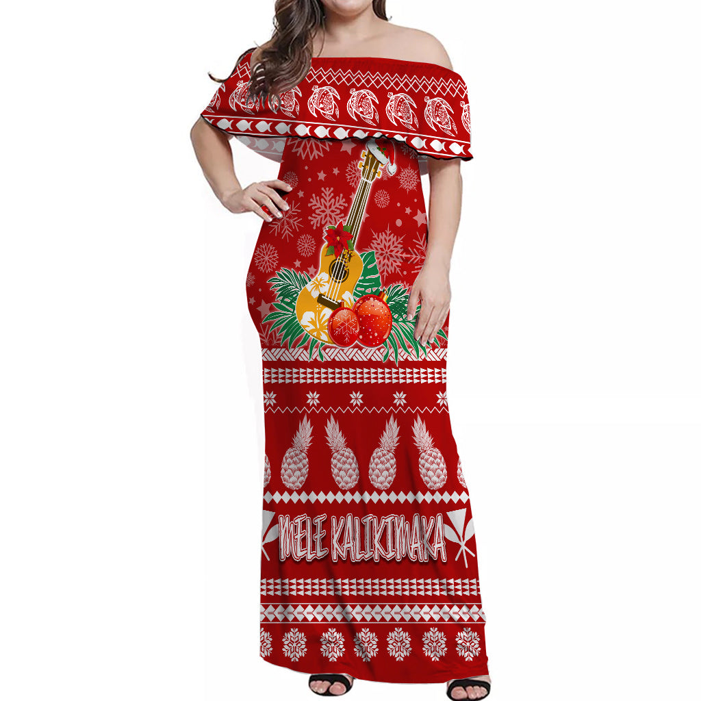 Hawaii Christmas Off Shoulder Long Dress Mele Kalikimaka Ukulele