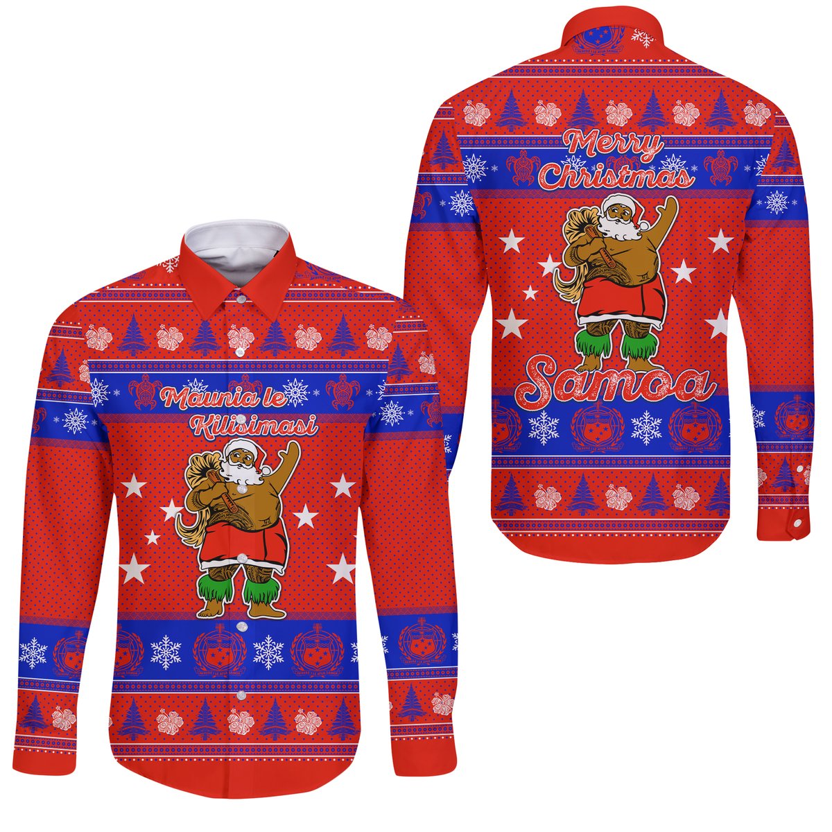 Samoa Christmas Maunia Le Kilisimasi Santa Polynesia Tatoo Long Sleeve Button Shirt