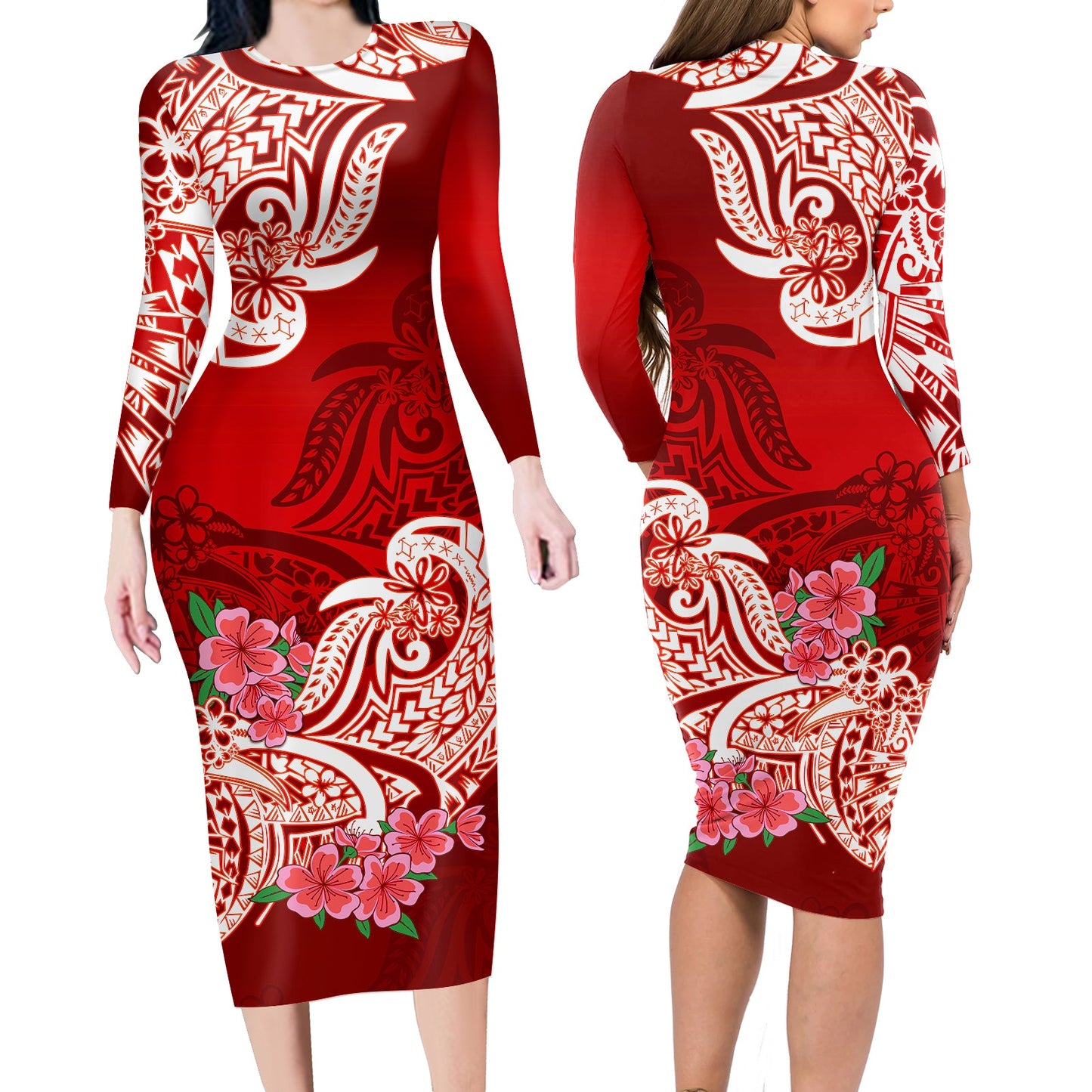 Polynesian Matching Outfit For Couples Floral Tribal Red Style Bodycon Dress And Hawaii Shirt