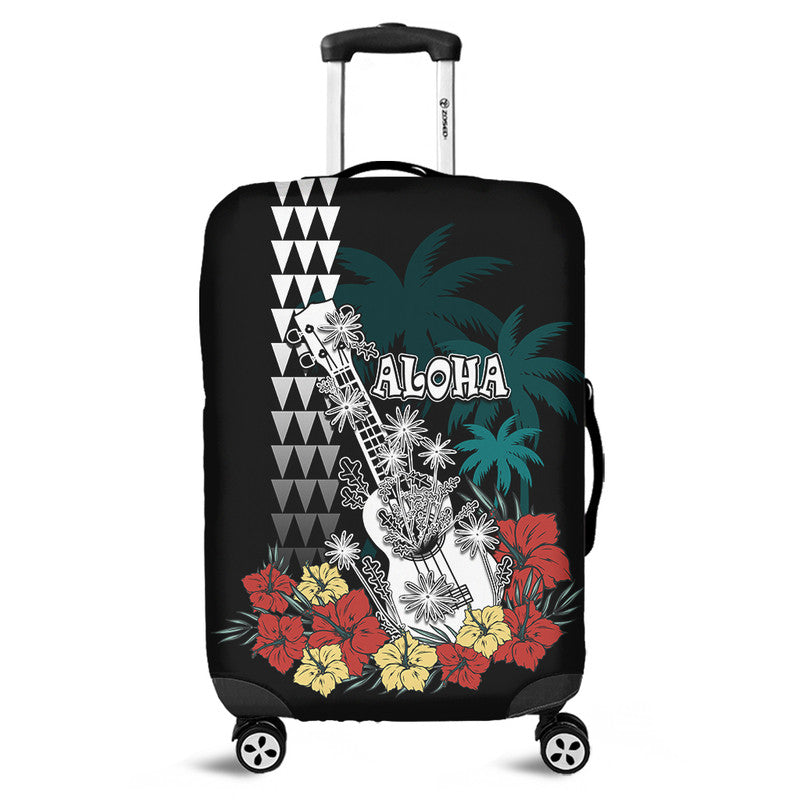 Hawaii Ukulele Mix Hibiscus and Coconut Tree Luggage Cover Aloha Vintage Black Version