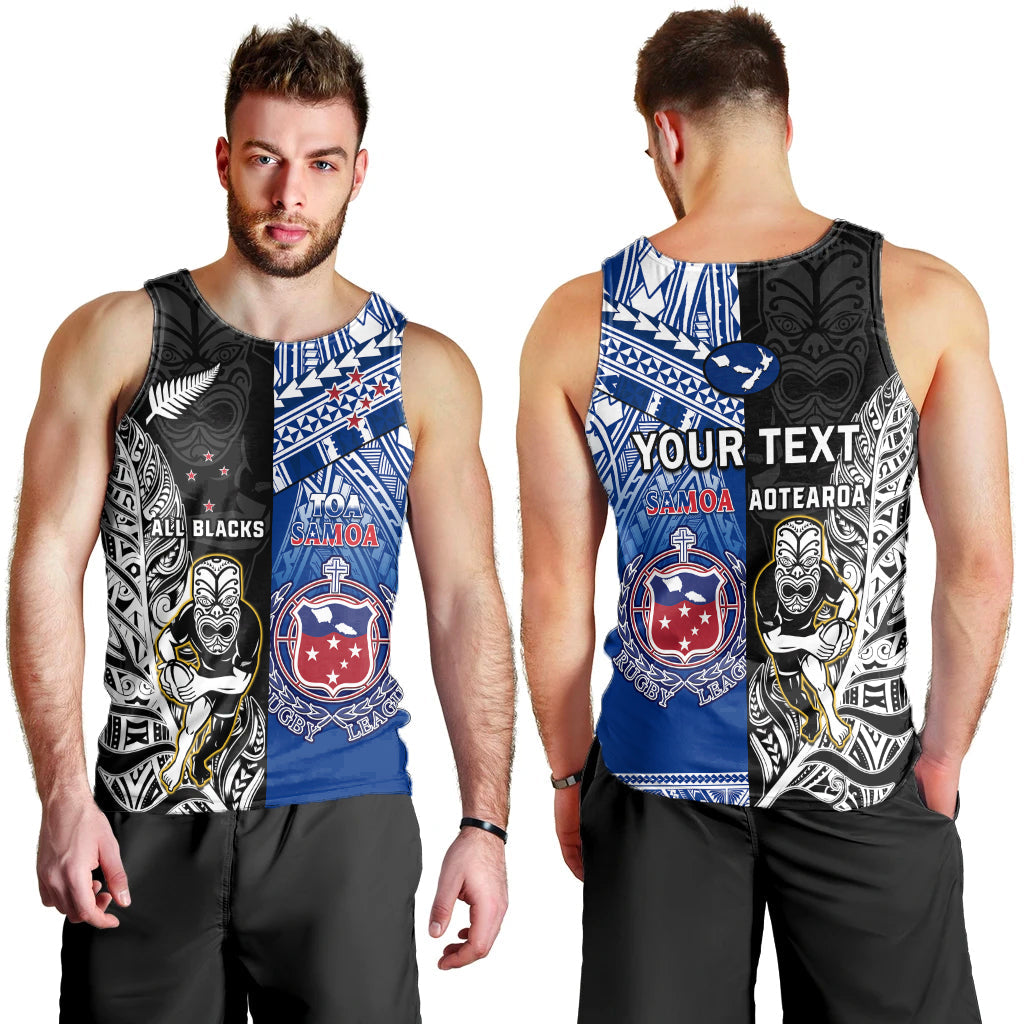 Custom Personalised All Black And Toa Samoa Rugby Men Tank Top NZ Maori Fern Mix Polynesian