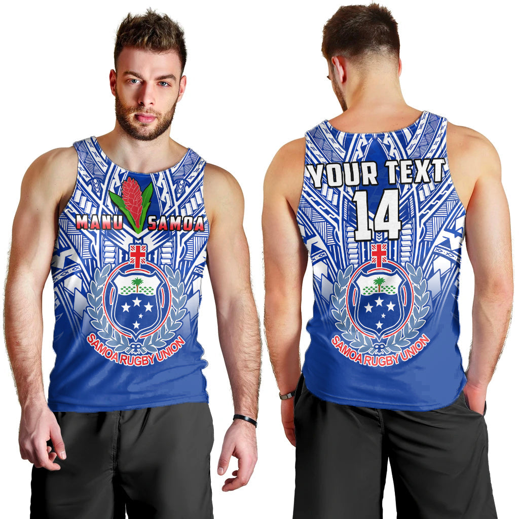 Custom Text And Number Samoa Rugby Men Tank Top Manu Samoa 7s Ginger Blue Polynesian
