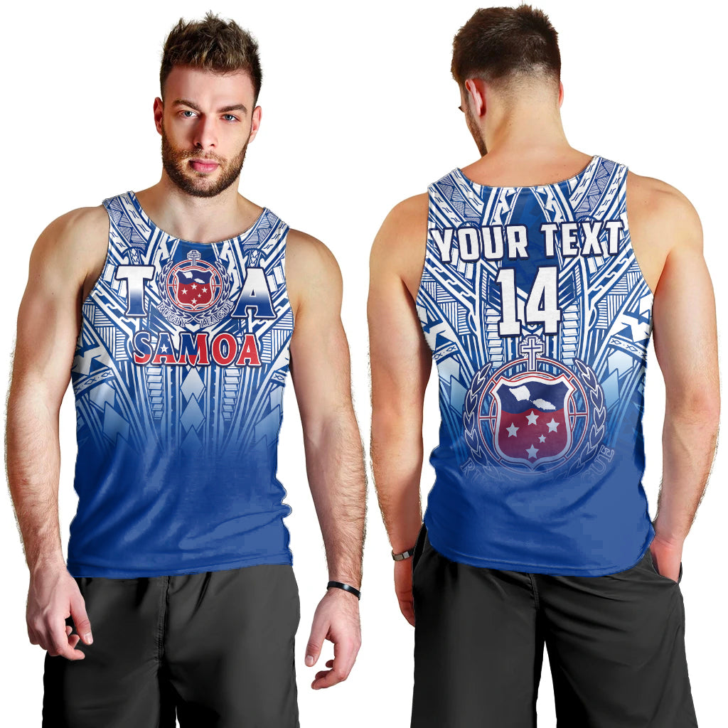 Custom Text And Number Samoa Rugby Men Tank Top Personalise Toa Samoa Polynesian Pacific Navy Version