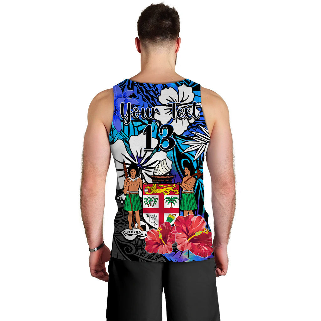 Custom Text and Number Fiji Tie Dye Men Tank Top Polynesian Blue Tribal Creative Tropical Flowers