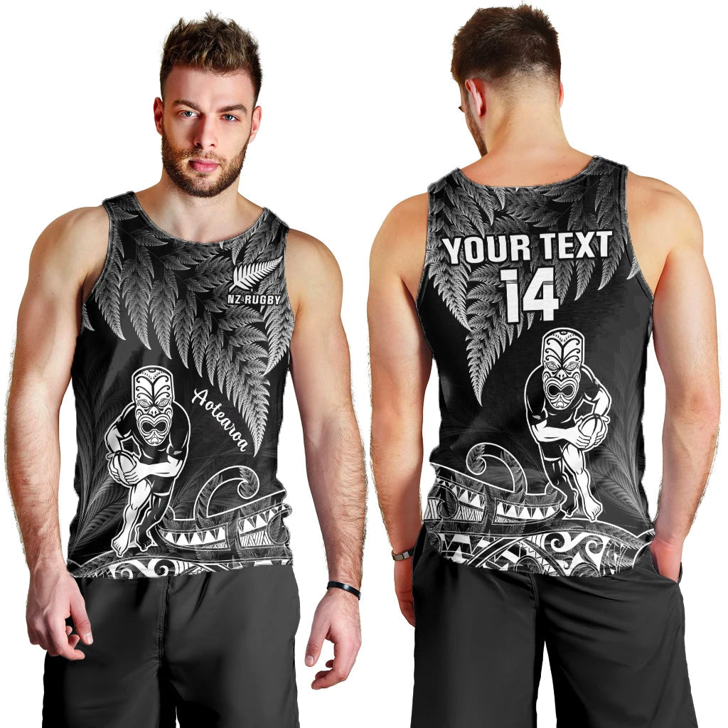 Custom Text And Number New Zealand Silver Fern Rugby Men Tank Top All Black Koru Maori