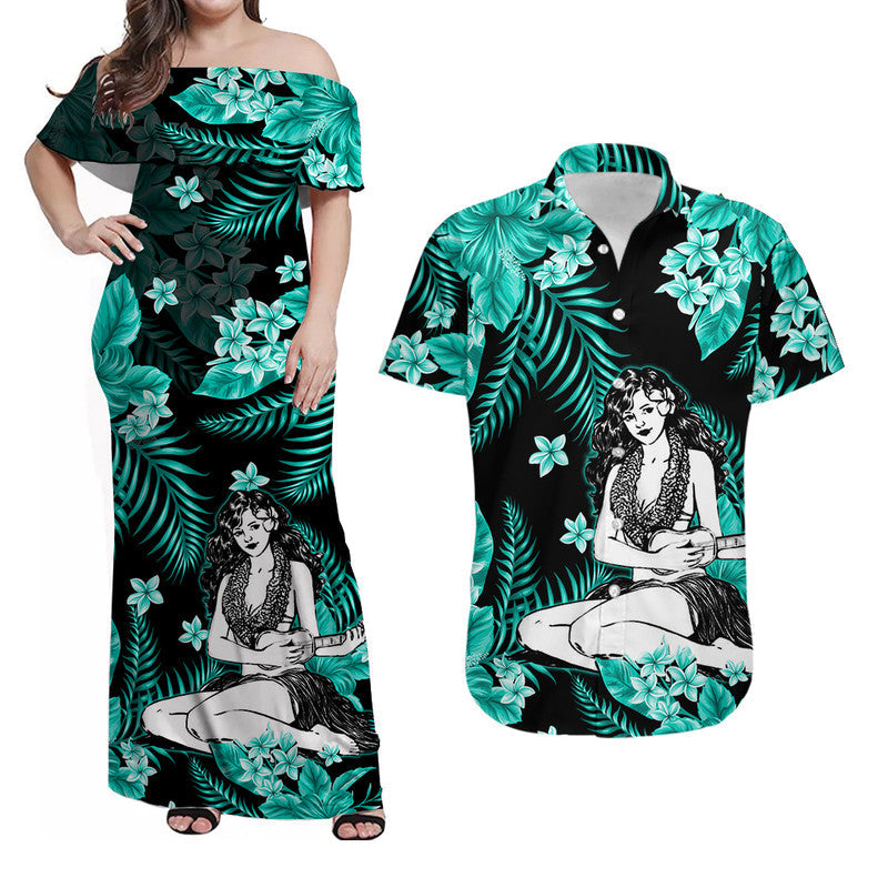 Matching Hawaiian Outfits For Couples Hawaii Summer Colorful Hula Girl Combo Dress And Shirt Turquesa