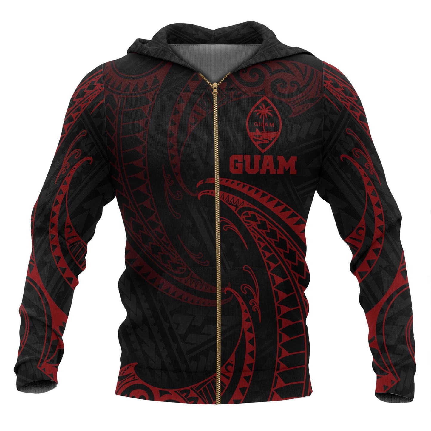 Guam Polynesian Zip Up Hoodie Red Tribal Wave