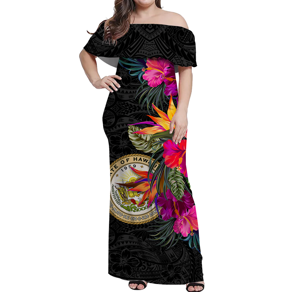 Hawaii Hibiscus Polynesian Tribal Women Off Shoulder Long Dress