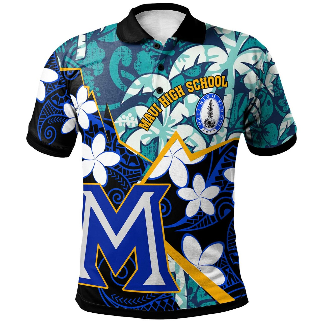 Hawaii Polo Shirt - Maui High School Plumeria with Polynesian Pattern