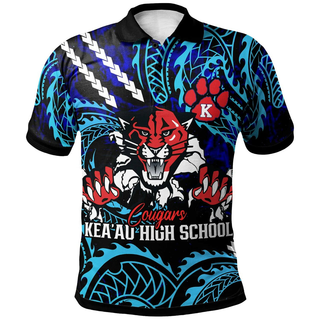 Hawaii Polo Shirt - Keaau High School Cougars with Polynesian Patterns Galaxy