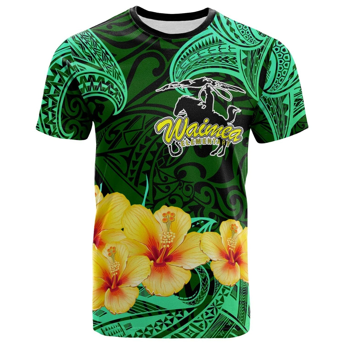 Hawaii Polynesian T-shirt Waimea Elementary School with Polynesian Patterns and Hibicus Flower