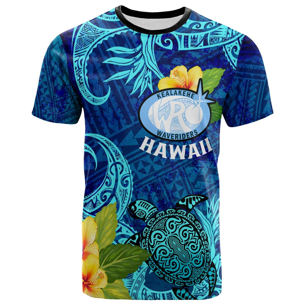 Hawaii T-shirt Kealakehe High School with Polynesian Patterns and Hibicus Flower