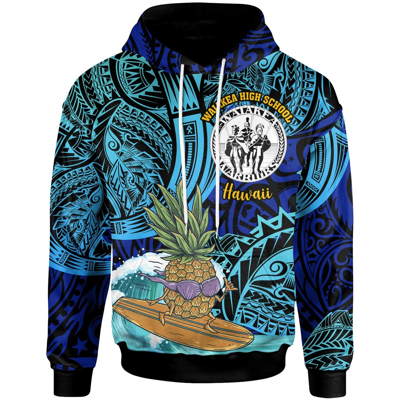 Hawaii Hoodie Waiakea High School with Polynesian Culture and Tiki Surfer