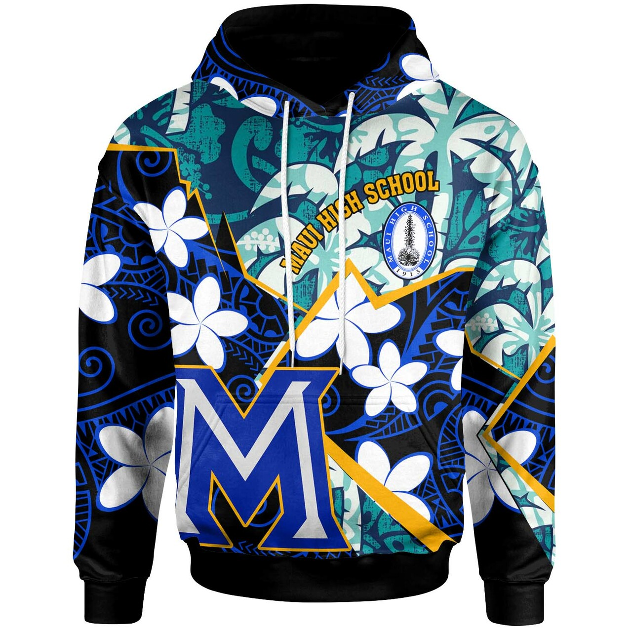 Custom Text Hawaii Hoodie Maui High School Plumeria with Polynesian Plumeria Pattern Zip Hoodie