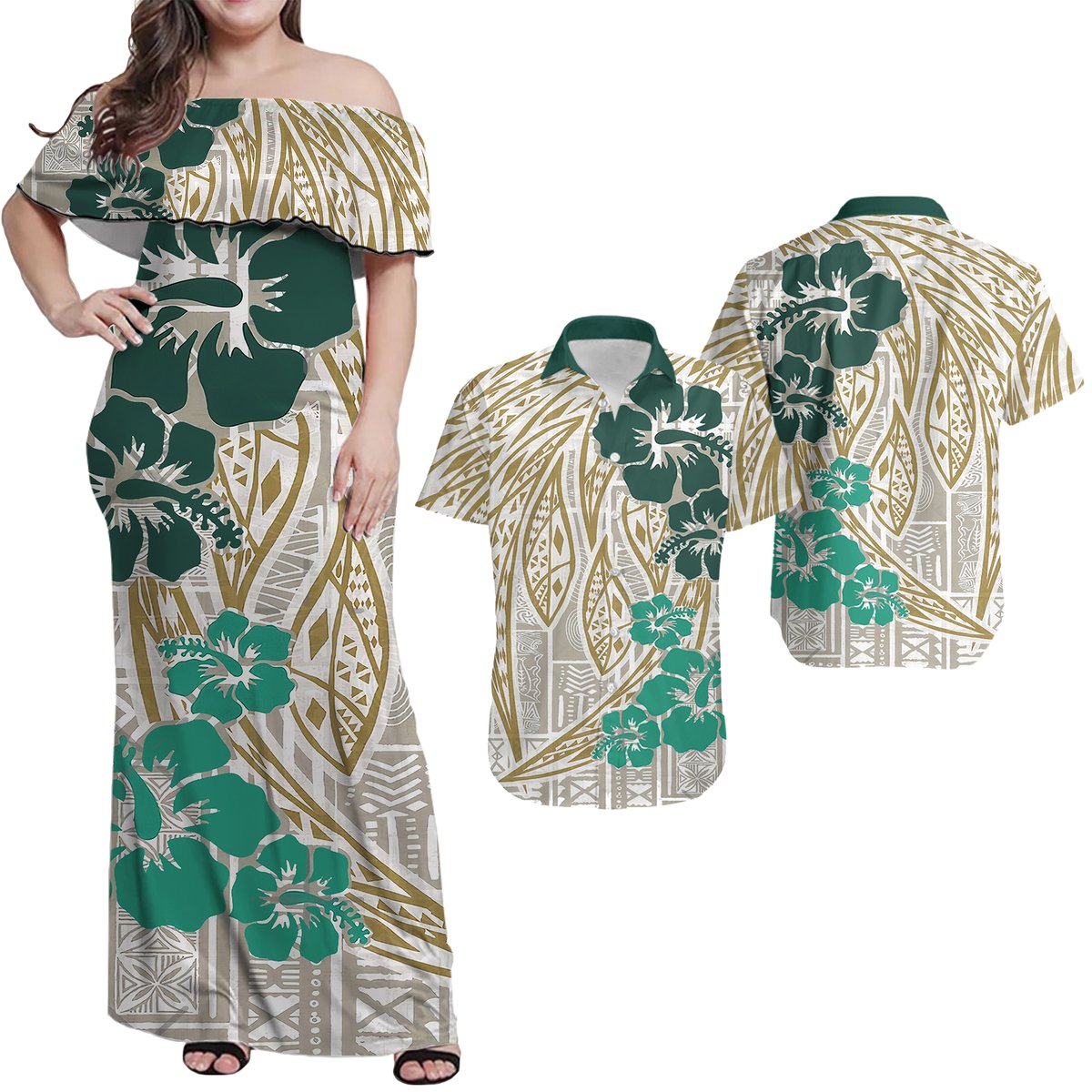 Polynesian Masi Tapa Green Hibiscus Matching Off Long Dress and Hawaiian Shirt