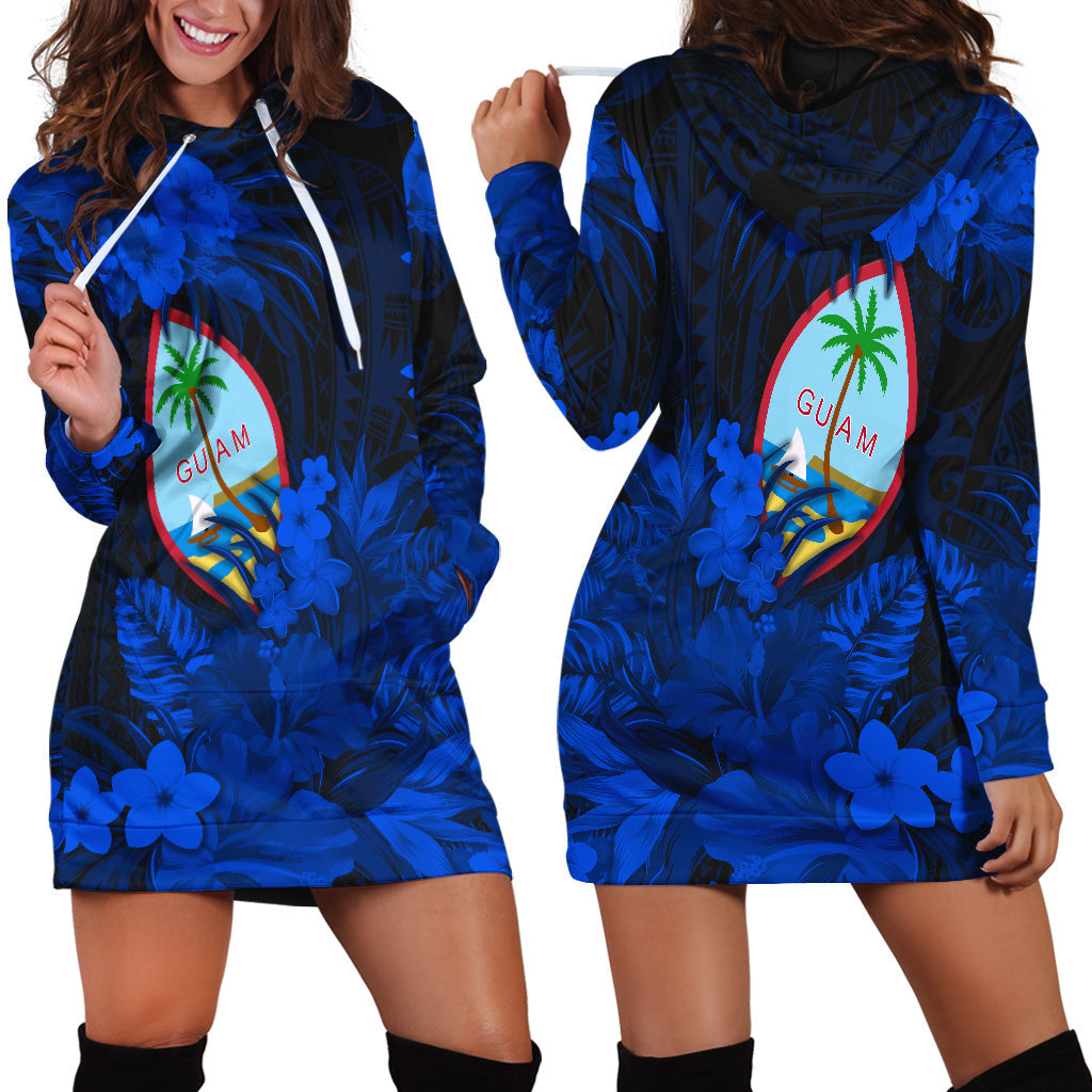 Guam Polynesian Hoodie Dress Tropical Flowers Blue