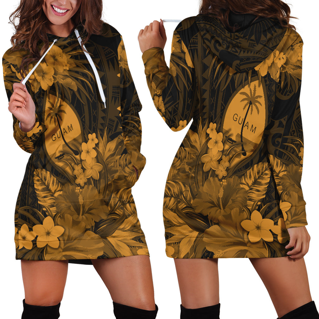 Guam Polynesian Hoodie Dress Tropical Flowers Tan