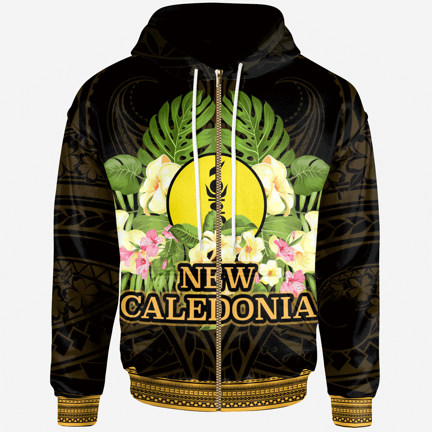 New Caledonia Zip Hoodie Polynesian Gold Patterns Collection