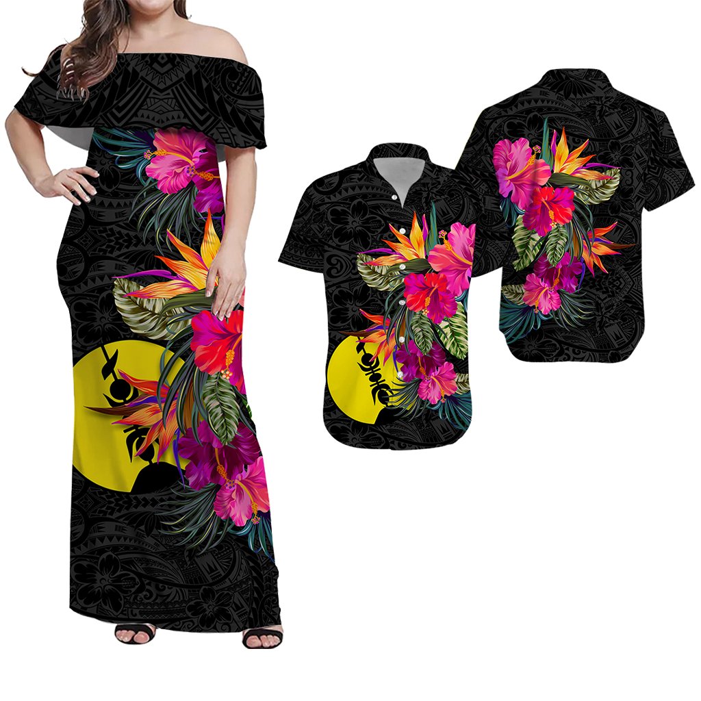 Matching Outfits For Couples New Caledonia Hibiscus Polynesian Tribal Combo Dress And Hawaiian Shirt