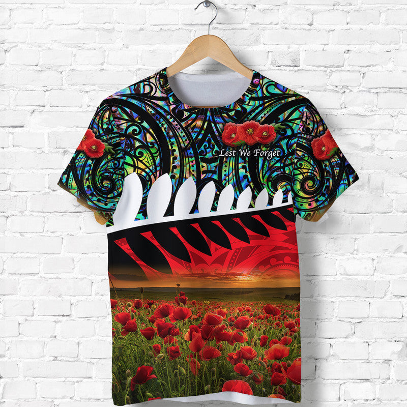 New Zealand Maori Anzac T Shirt Poppy Vibes - Paua Shell