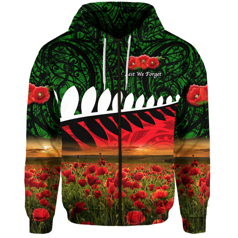 ( Personalised) New Zealand Maori ANZAC Zip Up And Pullover Hoodie Poppy Vibes Green
