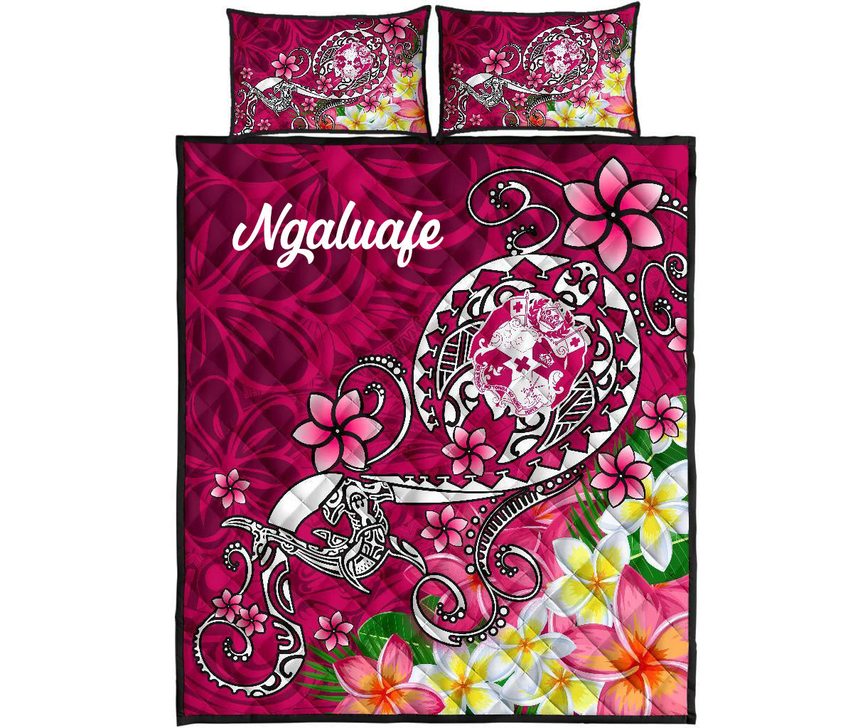 (Ngaluafe) Tonga Quilt Bed Set Turtle Plumeria (Pink)