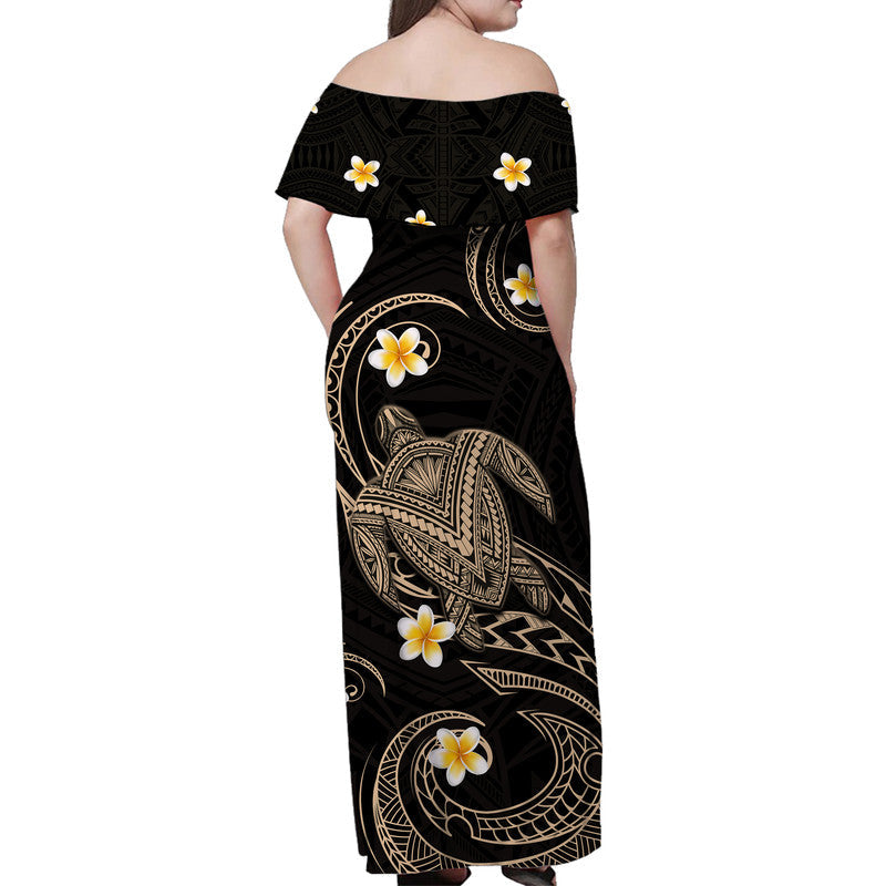 Hawaii Women Off Shoulder Long Dress Hawaiian Turtle Plumeria Mixed Polynesian Nude Style