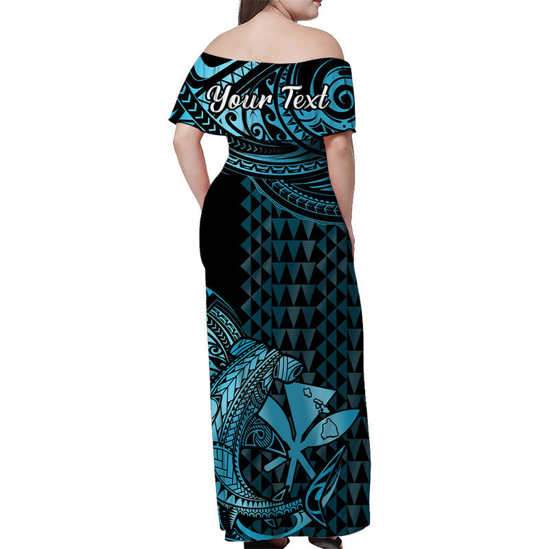Hawaii Hammerhead Shark Off Shoulder Long Dress Polynesian Kakau With Kanaka Turquoise
