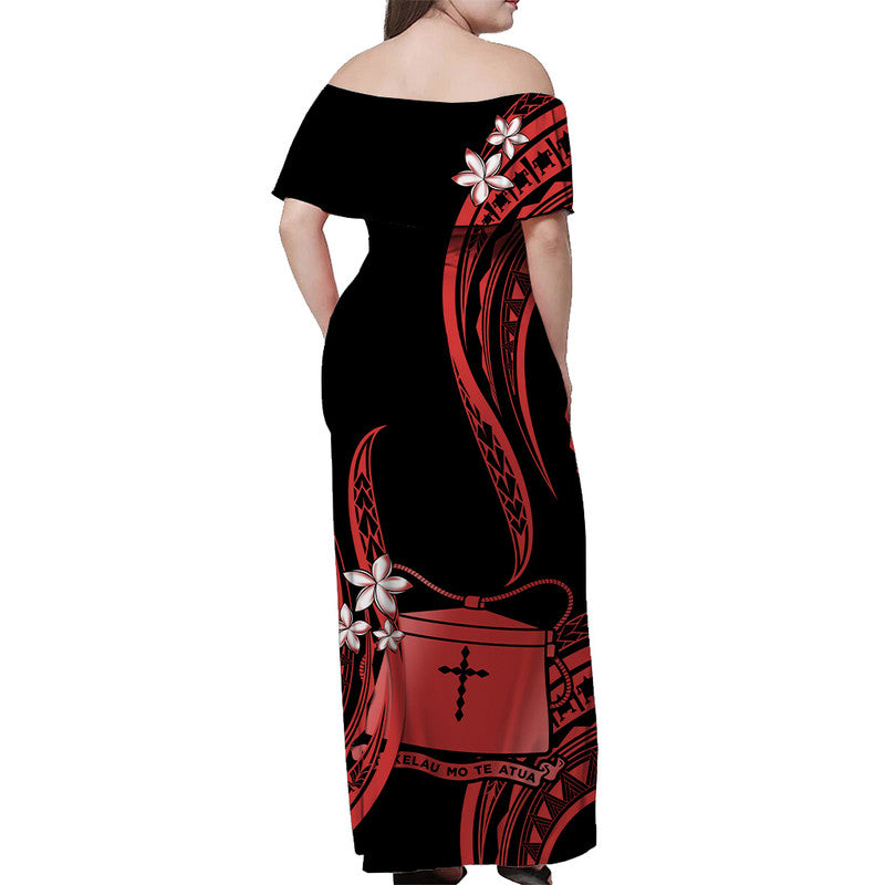 Tokelau Off Shoulder Long Dress Tokelauan Tatau With Badge Red