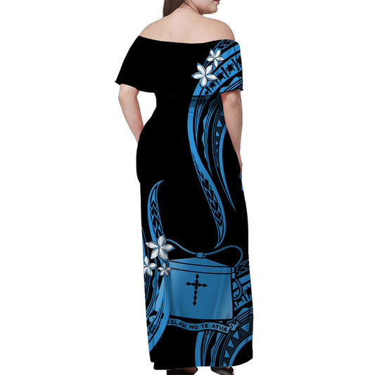 Tokelau Off Shoulder Long Dress Tokelauan Tatau With Badge Blue