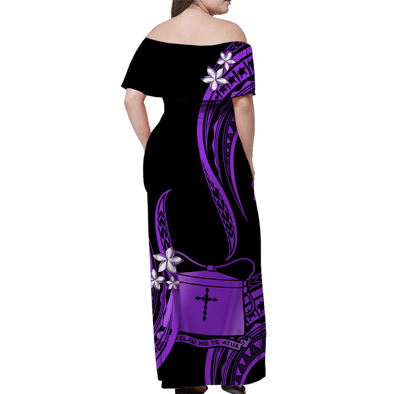 Tokelau Off Shoulder Long Dress Tokelauan Tatau With Badge Purple