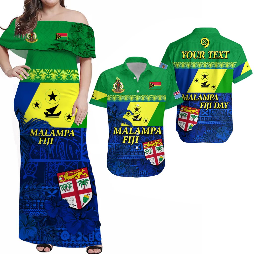 (Custom Personalised) Matching Outfits For Couples Malampa Fiji Day Combo Dress and Hawaiian Shirt Vanuatu Polynesia mix Flowers