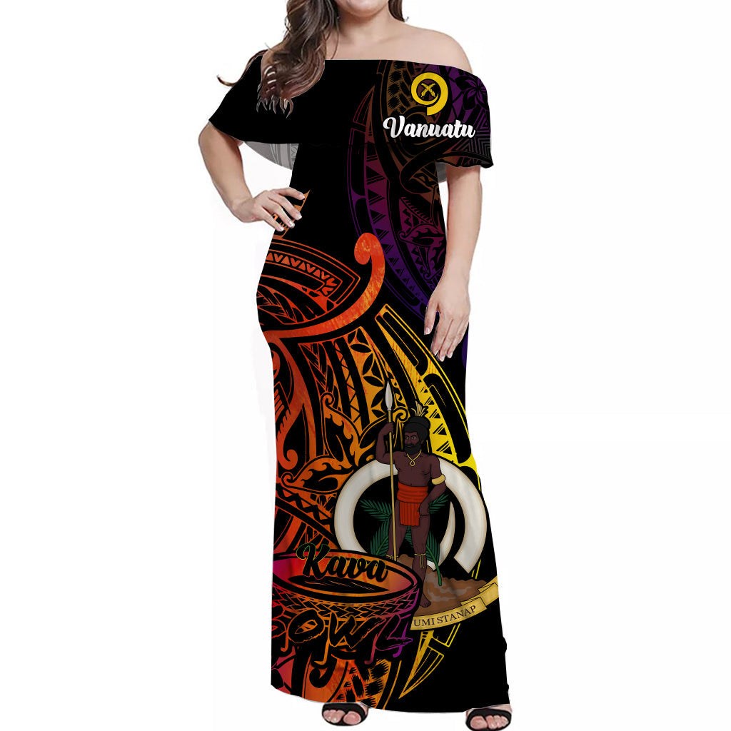 Vanuatu Off Shoulder Long Dress Kava Bowl Mix Polynesian Gradient