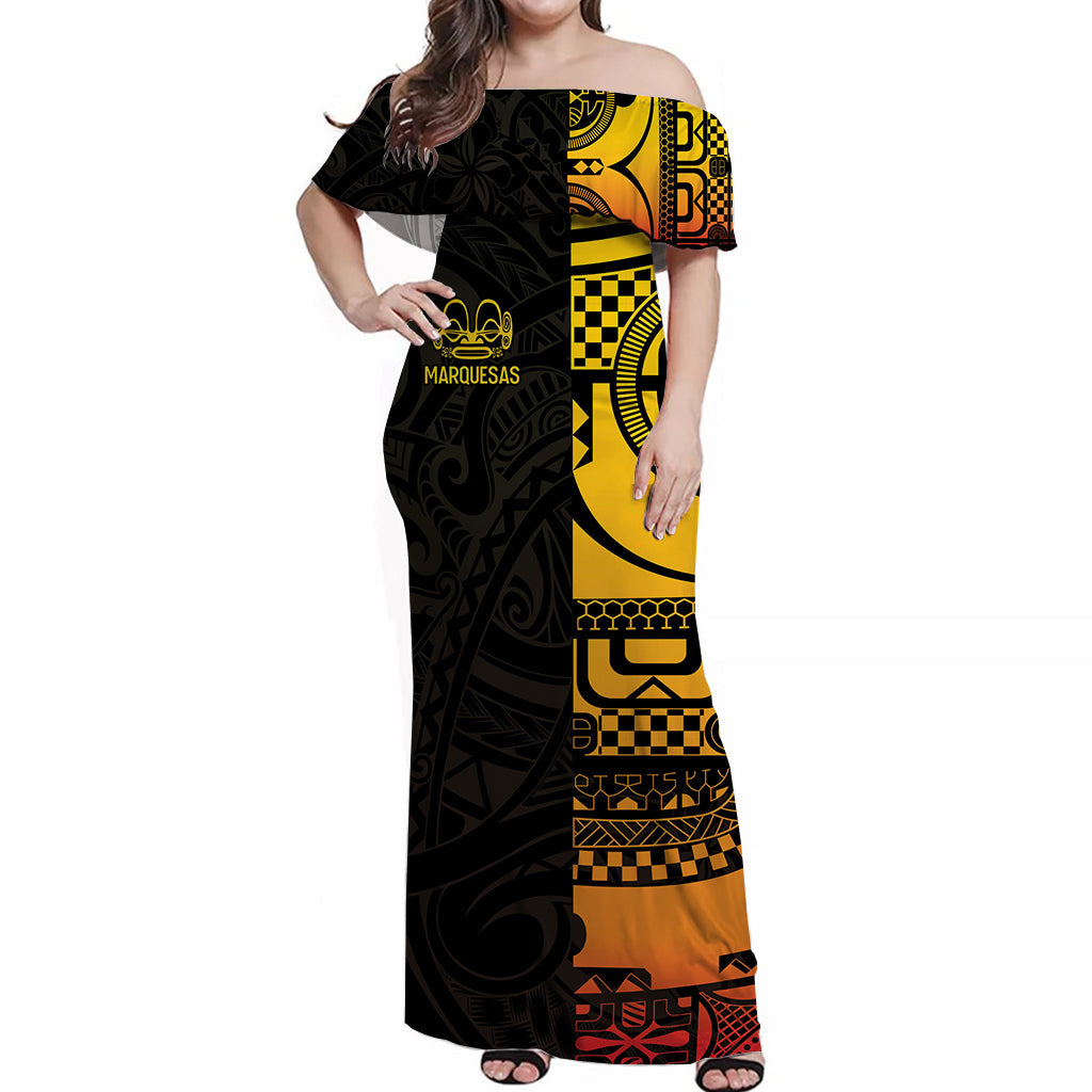 Marquesas Islands Tiki Off Shoulder Long Dress Gradient Marquesan Tattoo