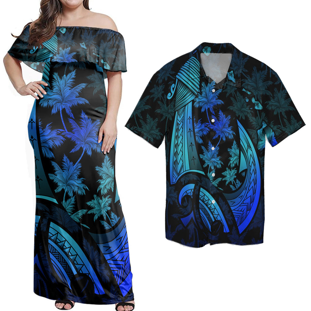 Polynesian Couple Outfits Combo Dress And Shirt Hawaiian Map Palm Trees Fish Hook Polynesian Quilt Colorful Blue