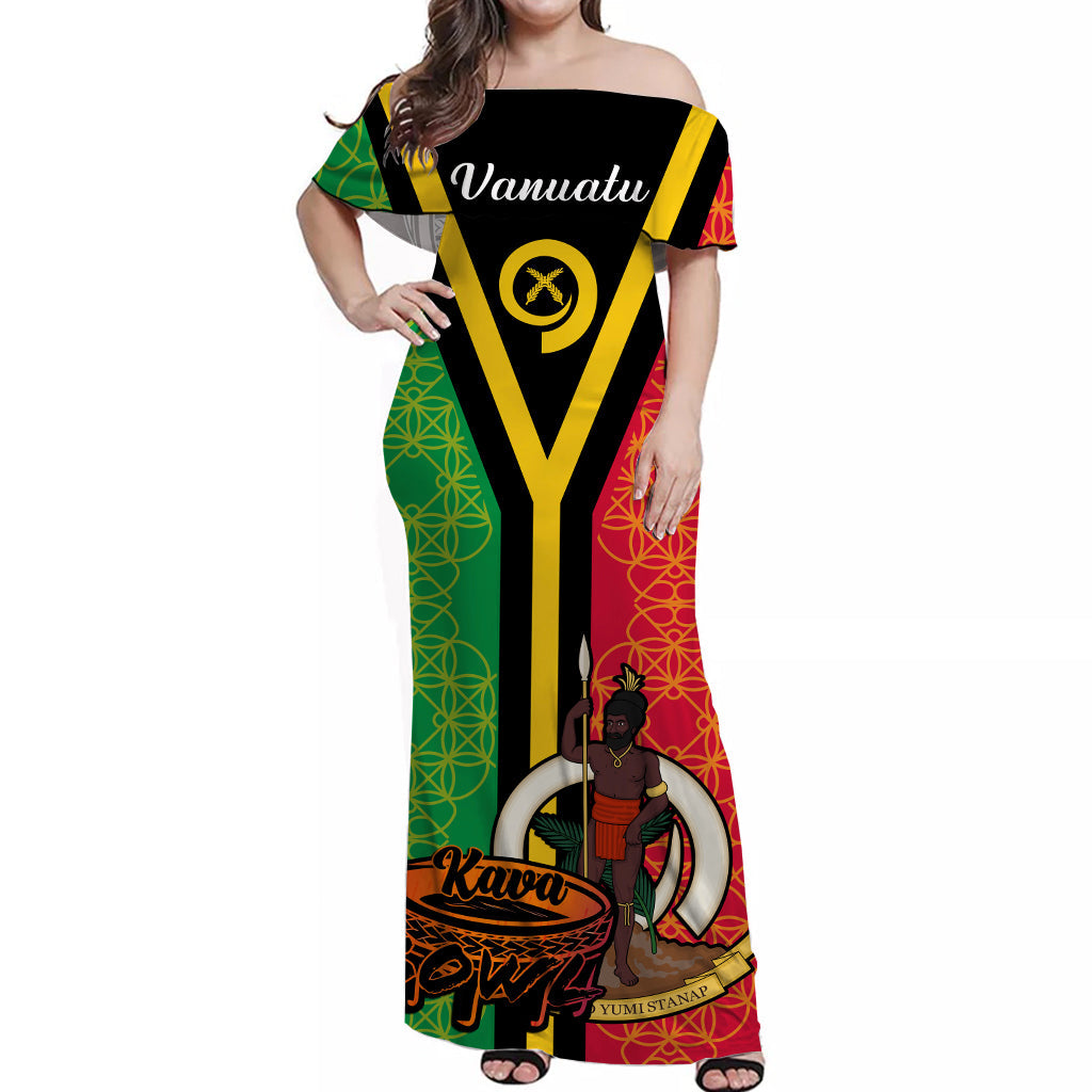 Vanuatu Off Shoulder Long Dress Kava Bowl Mix Sand Drawing Flag