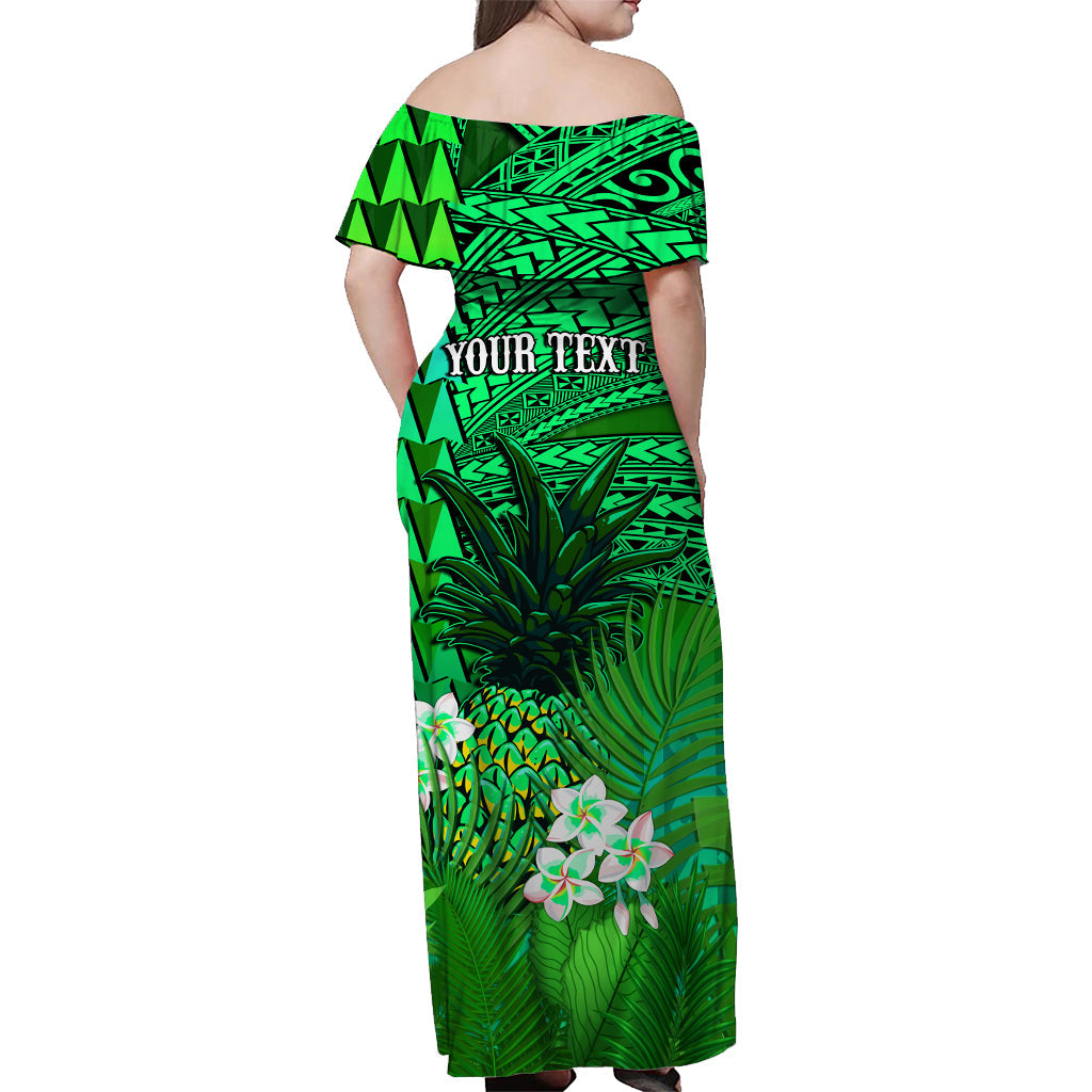 Custom Personalised Hawaii Pineapple Off Shoulder Long Dress Green Plumeria Frangipani Mix Tribal Pattern