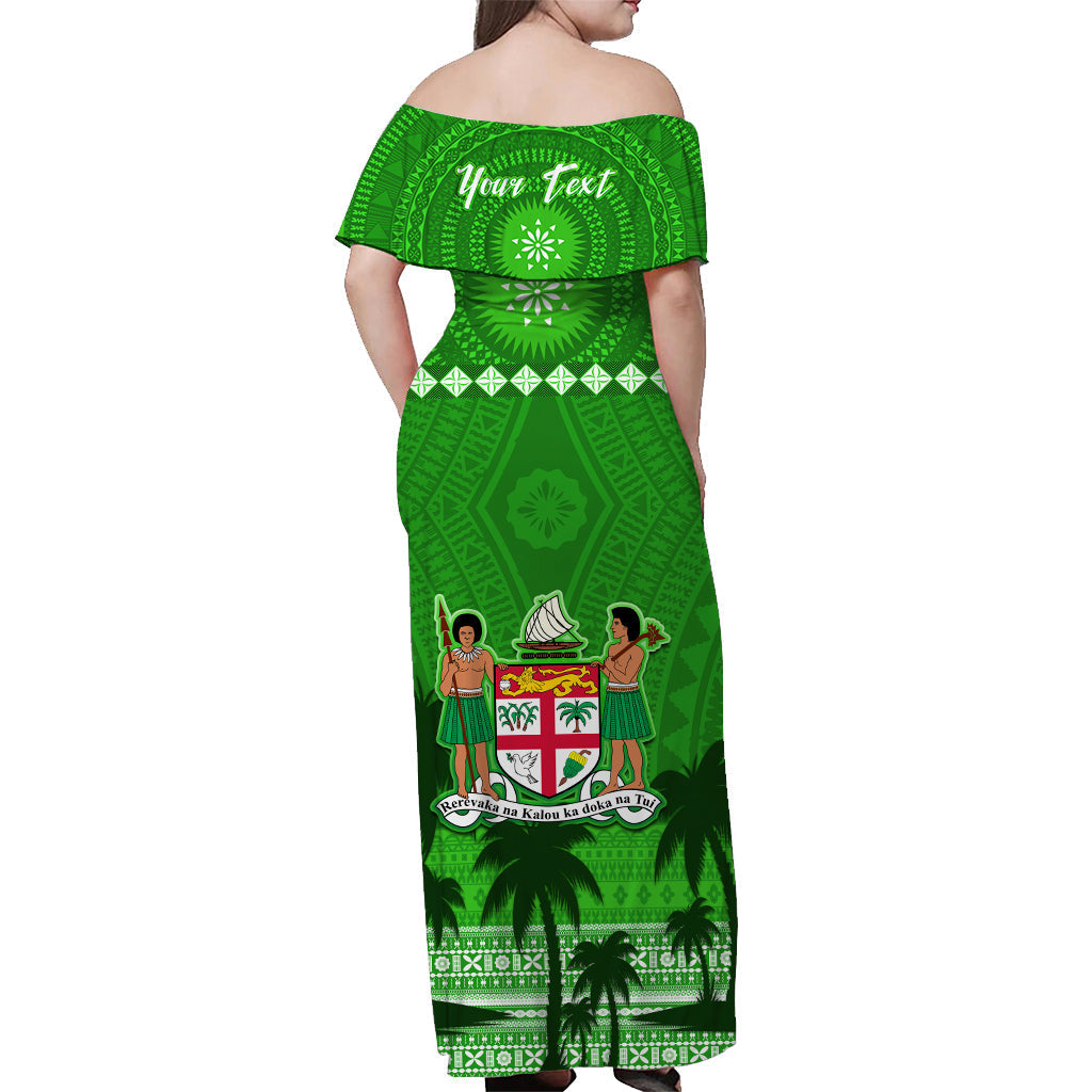 Custom Personalised Bula Fiji Off Shoulder Long Dress Fijian Tapa with Palm Tree Green