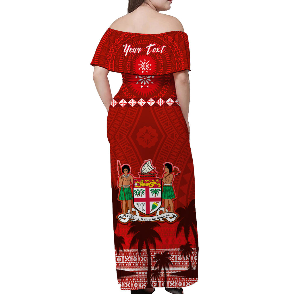 Custom Personalised Bula Fiji Off Shoulder Long Dress Fijian Tapa with Palm Tree Red