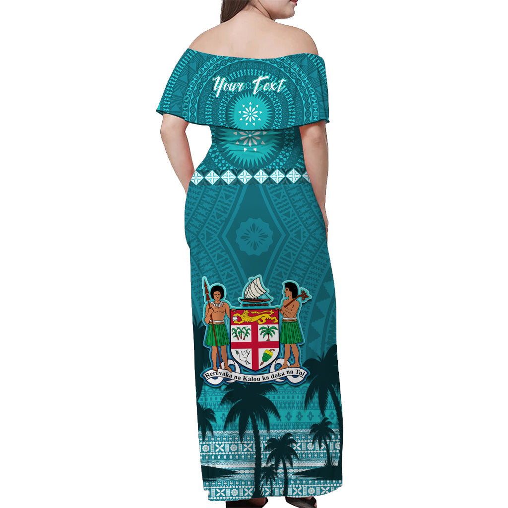 Custom Personalised Bula Fiji Off Shoulder Long Dress Fijian Tapa with Palm Tree Turquoise