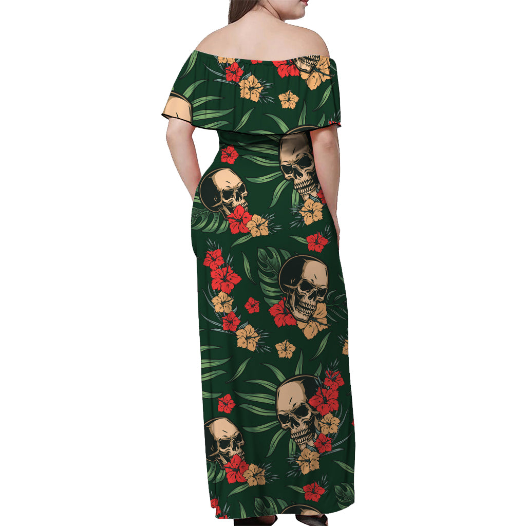 Hawaii Off Shoulder Long Dress Green Skulls with Monstera Leaves