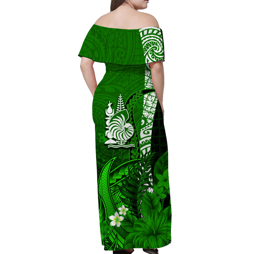 Custom Personalised New Caledonia Off Shoulder Long Dress Nautilus Green Polynesian Hibiscus