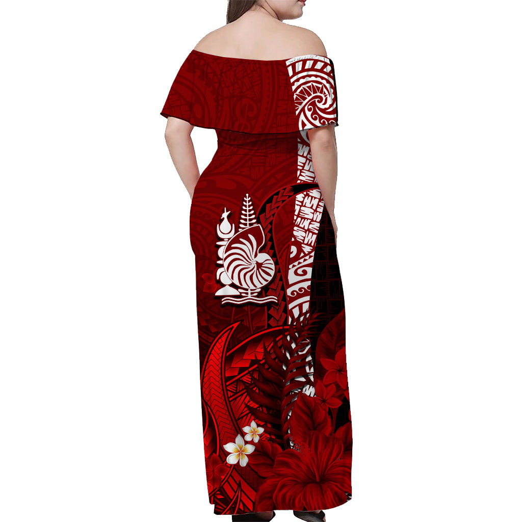 Custom Personalised New Caledonia Off Shoulder Long Dress Nautilus Red Polynesian Hibiscus