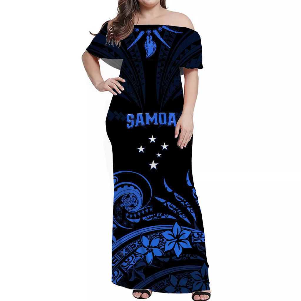 (Custom Personalised) Polynesian Couple Outfits Samoa Tatau Combo Dress and Hawaiian Shirt Blue Polynesian Ula Nifo