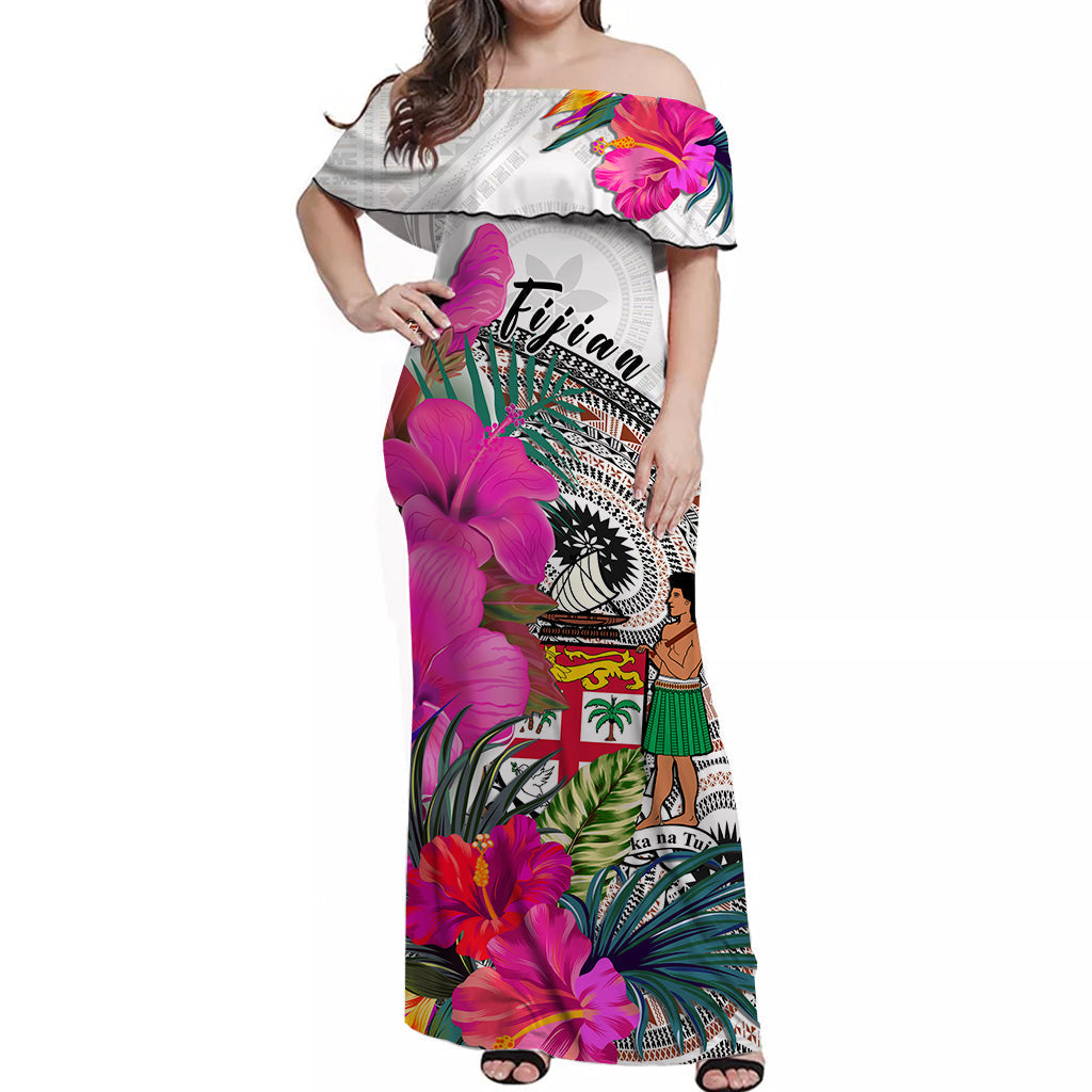 Fiji Tapa Off Shoulder Long Dress Fijian Masi Be Loved Pink Hibiscus