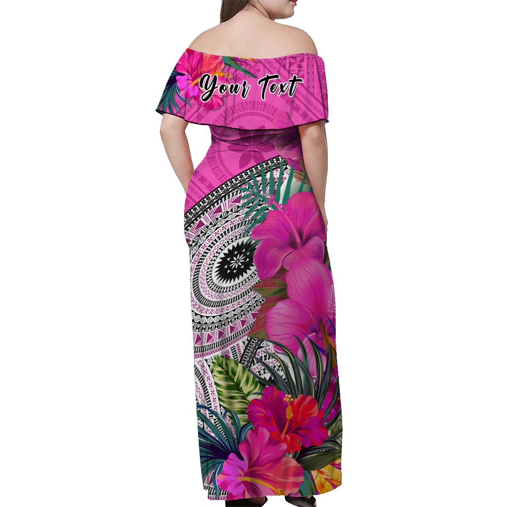 Custom Personalised Fiji Tapa Off Shoulder Long Dress Pink Fijian Masi Be Loved Hibiscus